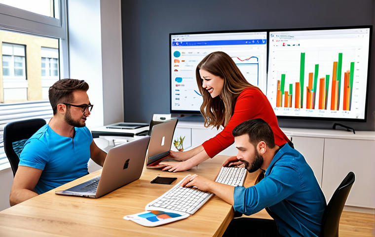 **
A vibrant, modern e-commerce office scene. Colleagues are collaborating around a table, some looking at laptops displaying SEO data and colorful graphs. The atmosphere is energetic and collaborative. Focus on digital marketing, showcasing elements of SEO, content creation, and social media marketing.
**