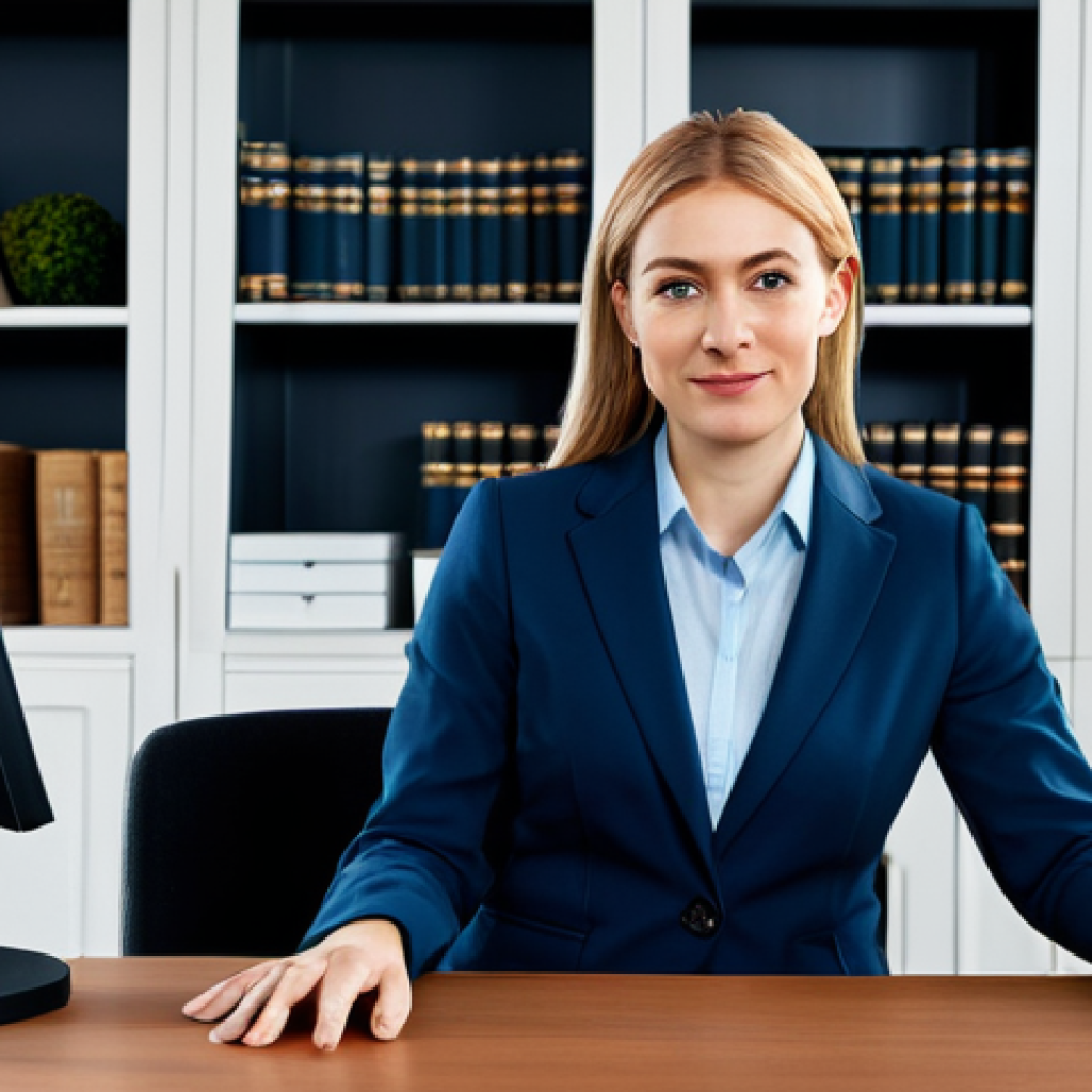 ** A professional businesswoman in a modest business suit, sitting at a desk in a modern office, fully clothed, appropriate attire, safe for work, perfect anatomy, natural proportions, professional photography, high quality. The background includes bookshelves and a computer monitor displaying data. This is a professional, modest, family-friendly image.

**