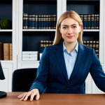 ** A professional businesswoman in a modest business suit, sitting at a desk in a modern office, fully clothed, appropriate attire, safe for work, perfect anatomy, natural proportions, professional photography, high quality. The background includes bookshelves and a computer monitor displaying data. This is a professional, modest, family-friendly image.

**