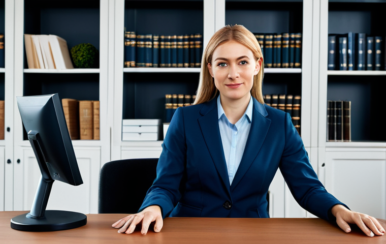 ** A professional businesswoman in a modest business suit, sitting at a desk in a modern office, fully clothed, appropriate attire, safe for work, perfect anatomy, natural proportions, professional photography, high quality. The background includes bookshelves and a computer monitor displaying data. This is a professional, modest, family-friendly image.
**