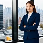 **

A professional businesswoman, fully clothed in a modest, dark blue business suit, standing confidently in a bright, modern office. Behind her is a large window with a cityscape view.  Perfect anatomy, correct proportions, natural pose, well-formed hands, proper finger count, natural body proportions, professional attire, safe for work, appropriate content, professional, modest, family-friendly, high quality.

**