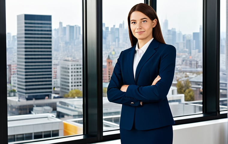 **

A professional businesswoman, fully clothed in a modest, dark blue business suit, standing confidently in a bright, modern office. Behind her is a large window with a cityscape view.  Perfect anatomy, correct proportions, natural pose, well-formed hands, proper finger count, natural body proportions, professional attire, safe for work, appropriate content, professional, modest, family-friendly, high quality.

**