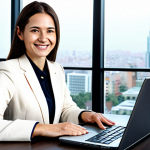 **

A professional businesswoman in a modest business suit, sitting at a desk in a modern office, working on a laptop. The office has large windows with a cityscape view.  She is smiling confidently. Fully clothed, appropriate attire, safe for work, perfect anatomy, natural proportions, professional photography, high quality, well-formed hands, proper finger count, natural body proportions, professional.

**