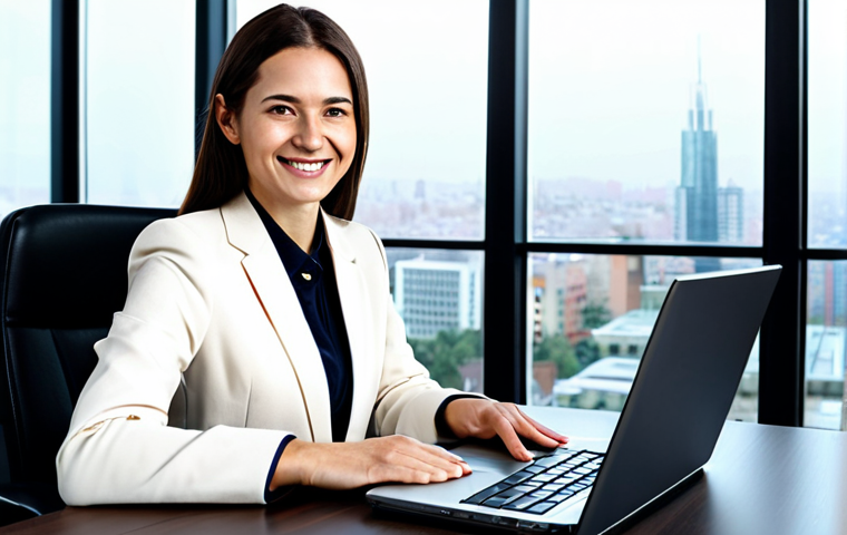 **

A professional businesswoman in a modest business suit, sitting at a desk in a modern office, working on a laptop. The office has large windows with a cityscape view.  She is smiling confidently. Fully clothed, appropriate attire, safe for work, perfect anatomy, natural proportions, professional photography, high quality, well-formed hands, proper finger count, natural body proportions, professional.

**