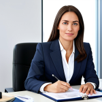 ** A professional businesswoman in a modest business suit, sitting at a desk in a modern office, fully clothed, appropriate attire, safe for work, perfect anatomy, natural proportions, professional photography, high quality.

**