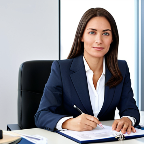 ** A professional businesswoman in a modest business suit, sitting at a desk in a modern office, fully clothed, appropriate attire, safe for work, perfect anatomy, natural proportions, professional photography, high quality.

**