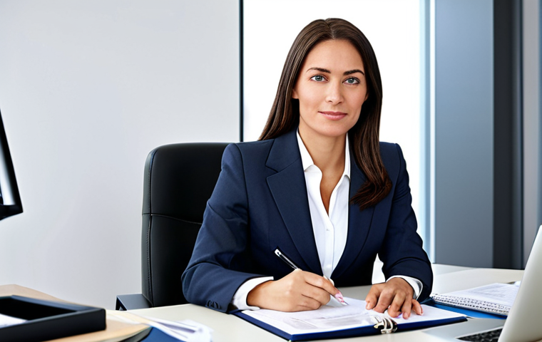 ** A professional businesswoman in a modest business suit, sitting at a desk in a modern office, fully clothed, appropriate attire, safe for work, perfect anatomy, natural proportions, professional photography, high quality.
**
