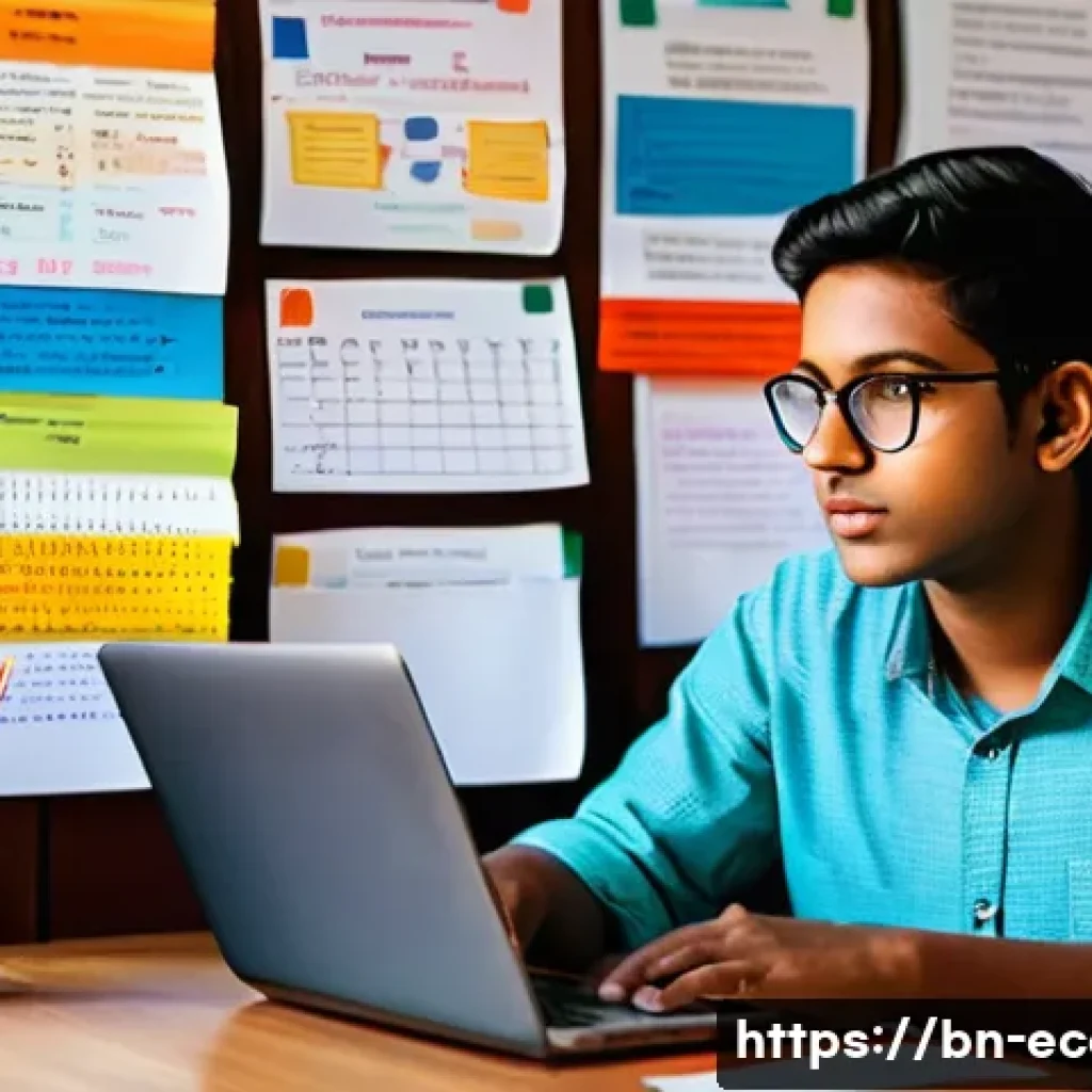 전자상거래 실기 시험 대비 효율적인 학습법 - A detailed study scene featuring a Bengali student sitting at a wooden desk with neatly organized di...