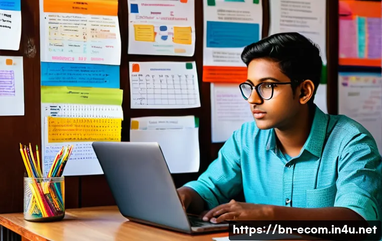 전자상거래 실기 시험 대비 효율적인 학습법 - A detailed study scene featuring a Bengali student sitting at a wooden desk with neatly organized di...
