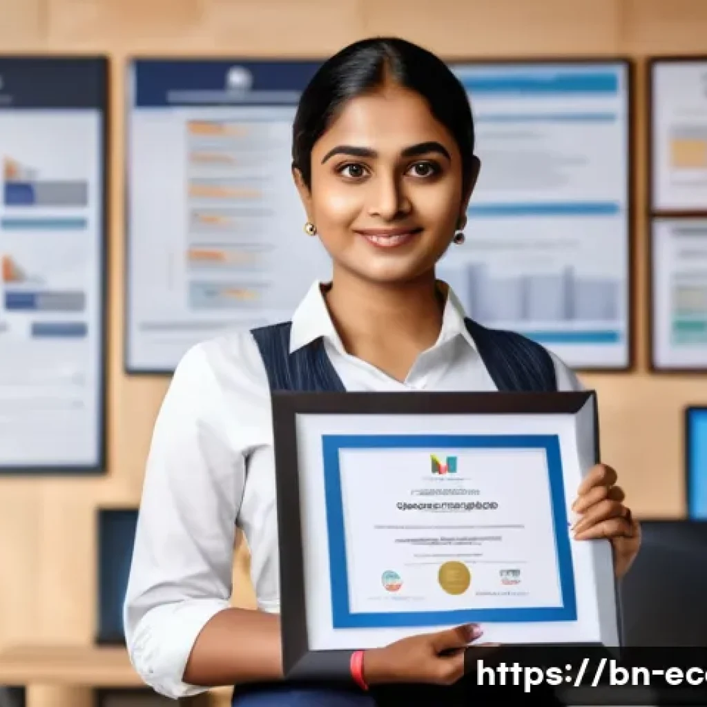 전자상거래 자격증 취득 후 대기업 취업 성공 후기 - A confident young Bengali professional woman wearing business casual attire, holding an e-commerce c...