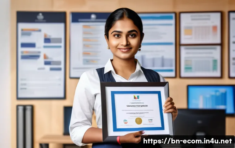 전자상거래 자격증 취득 후 대기업 취업 성공 후기 - A confident young Bengali professional woman wearing business casual attire, holding an e-commerce c...