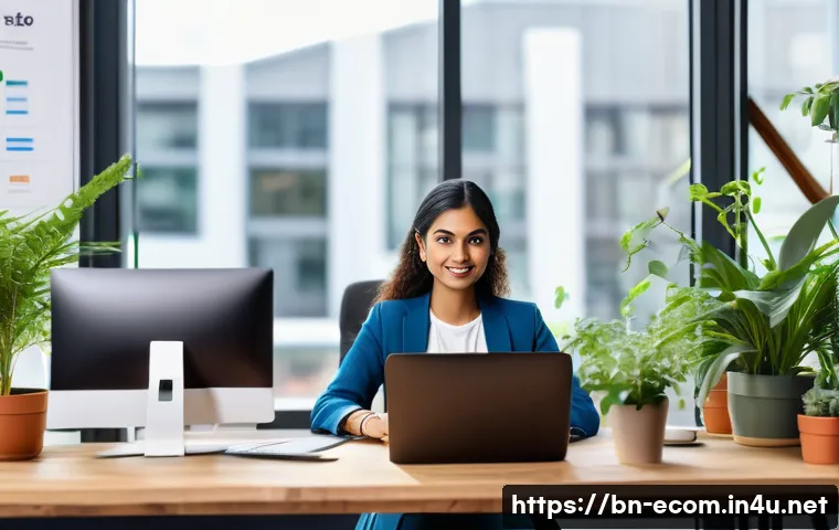 전자상거래 관리사와 Google Analytics 자격증 비교 및 학습법 - A detailed modern e-commerce manager&rsquo;s workspace showing a South Asian professional woman in busines...