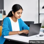 Home 17 전자상거래 자격증 취득을 위한 추천 학습 자료 - A modern e-commerce online learning environment showing a young Bengali woman sitting at a sleek des...