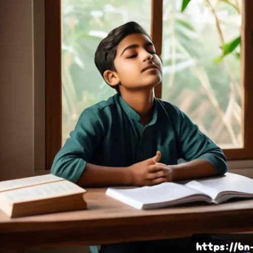Home 15 전자상거래 필기 시험에서 자주 실수하는 부분 - A young Bengali student sitting calmly at a wooden study desk in a cozy room, practicing meditation ...