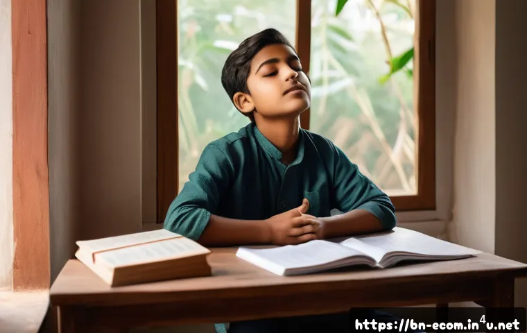전자상거래 필기 시험에서 자주 실수하는 부분 - A young Bengali student sitting calmly at a wooden study desk in a cozy room, practicing meditation ...